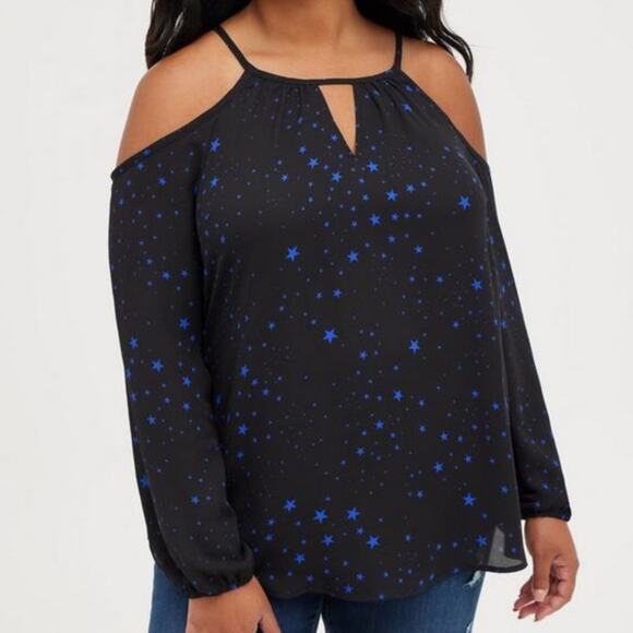 TORRID Black with Blue Stars Cold Shoulder Blouse Sz 3 - Picture 1 of 10